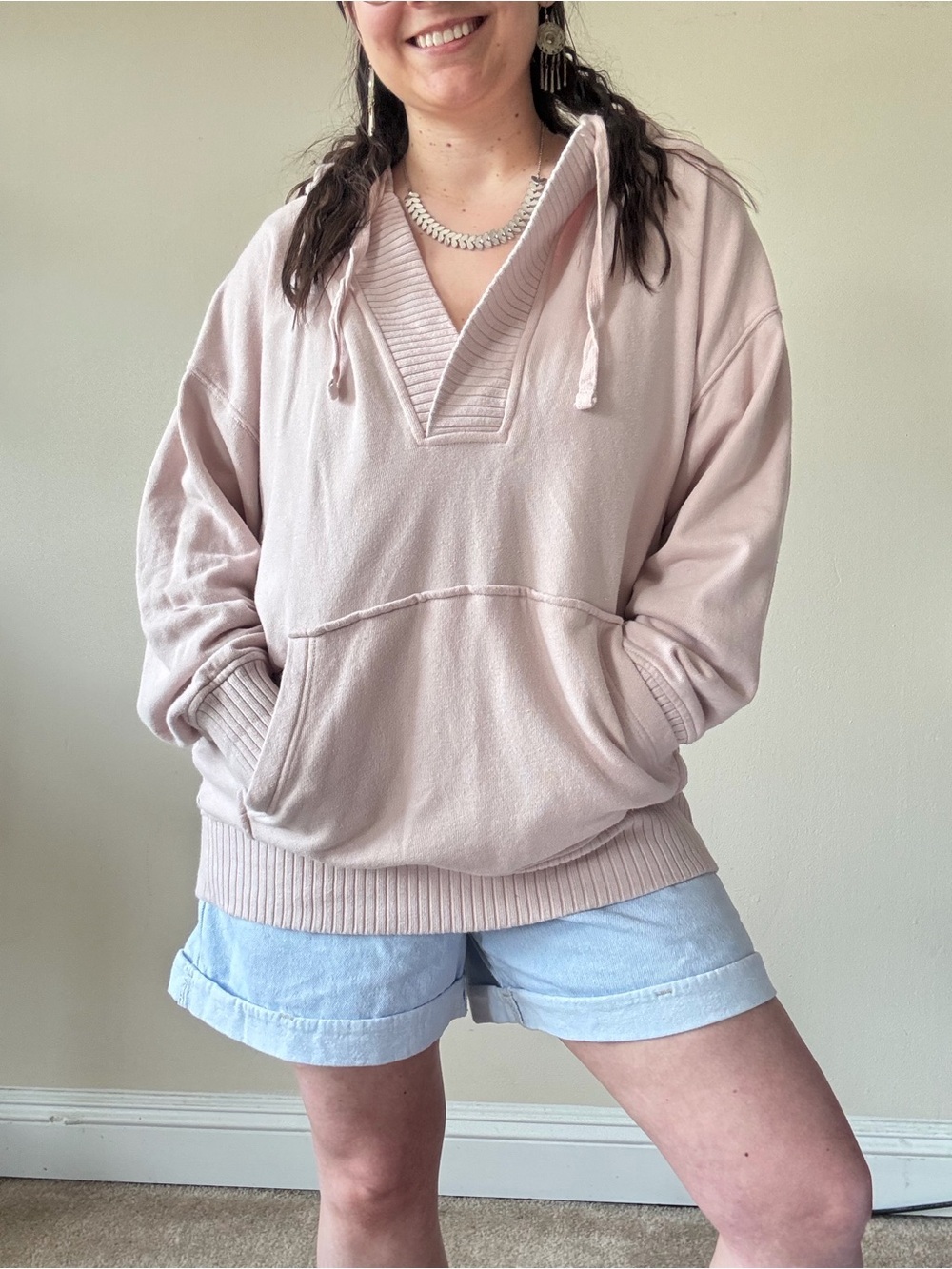 Aerie Pale Pink V-Neck Hoodie Sweater